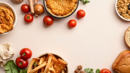 Delicious Food Frame with Hummus, French Fries, Bread, and Tomatoes on Beige Background