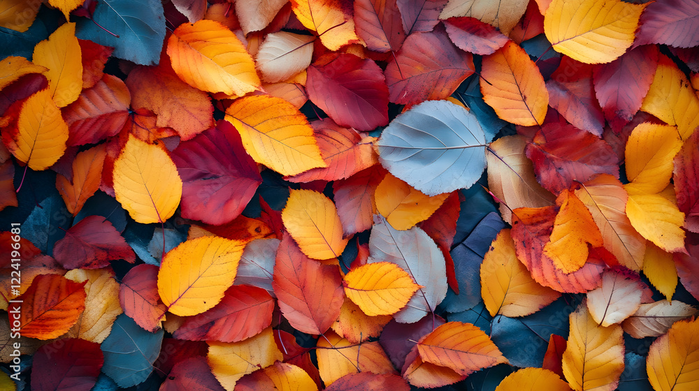 Poster vibrant autumn leaves background with varied colors for seasonal design projects : generative ai