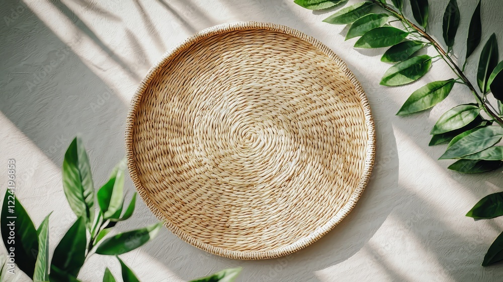 Poster luxurious minimalistic tableware display with botanical elements in bright natural light overhead an