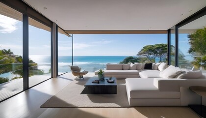 Fototapeta premium Modern oceanfront home with a sleek interior. Floor-to-ceiling windows showcase panoramic coastal views, blending luxurious living with natural beauty. Contemporary furniture complements the clean