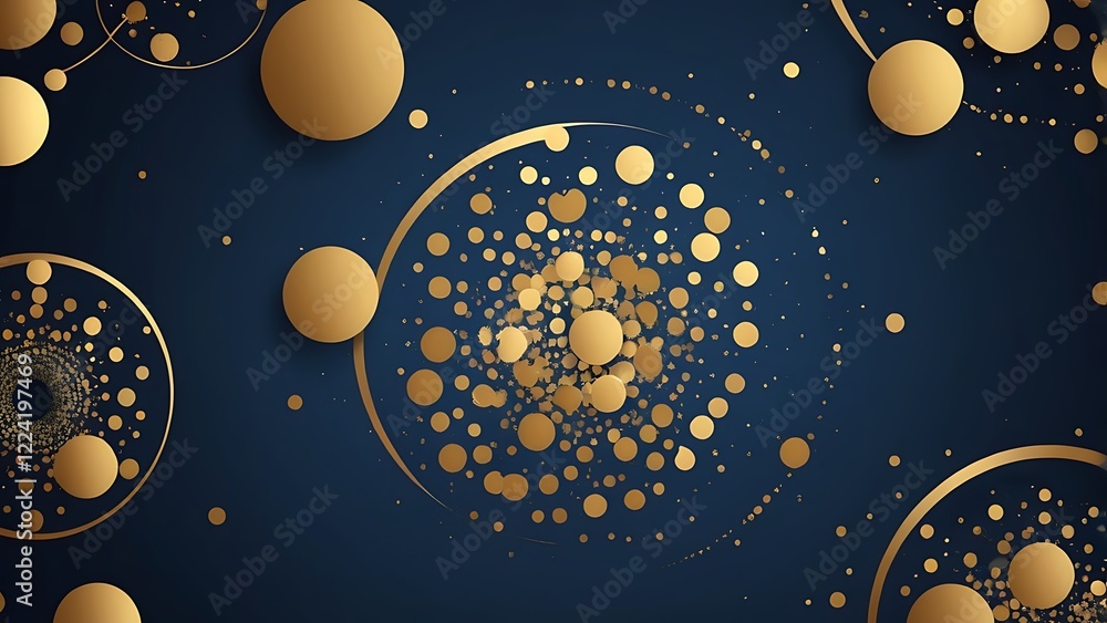 Poster digital abstract artwork illustration featuring a dark blue background with an array of golden circl