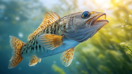 Fototapeta premium Underwater fish, sunlit kelp forest, vibrant, aquatic life