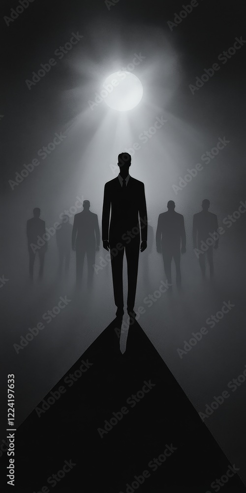 Poster exploring the ambiguity of existence through shadows and light in a surreal atmosphere