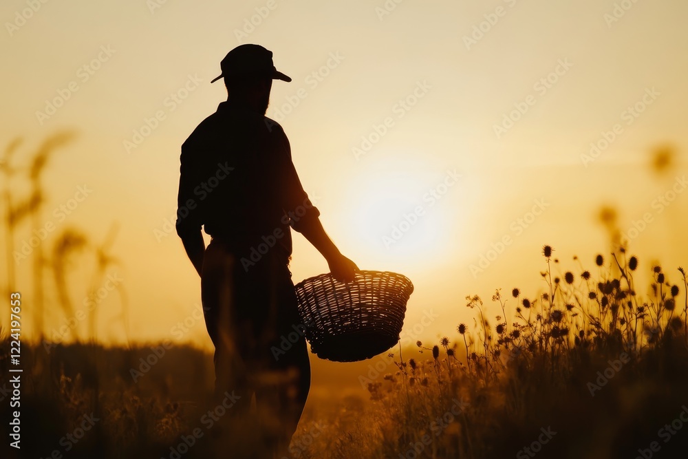 Poster a man is holding a basket in a field with the sun setting in the background