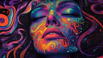 Woman with neon UV makeup and colorful face patterns, glowing softly; abstract artistry blending light and identity