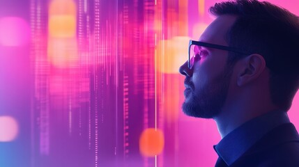 A profile of a man wearing glasses, gazing thoughtfully with abstract digital patterns and vibrant colors in the background.