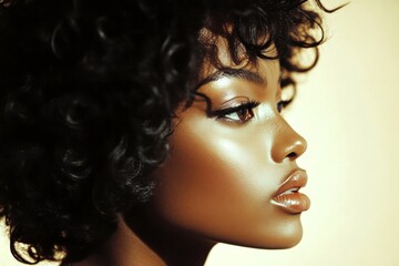 Fototapeta premium Short trim - curly hair. Commercial ad campaign visual idea art. Lovely calm black girl - for ads, brochure and internet marketing marketing use. Woman with short hair. Short hair woman.