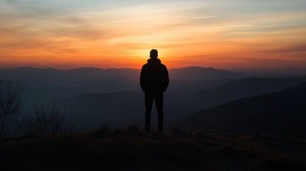 Silhouette of a Person Standing on a Hilltop Overlooking a Vibrant Sunset