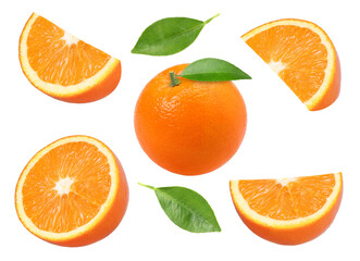Orange fruit, half, slices and leaf isolated, transparent PNG, collection, PNG format, cut out