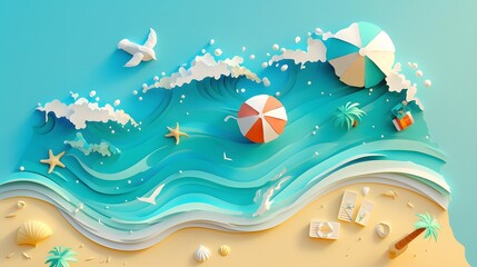 Obraz premium Summer beach theme with paper cut art showing water splashes and beach accessories