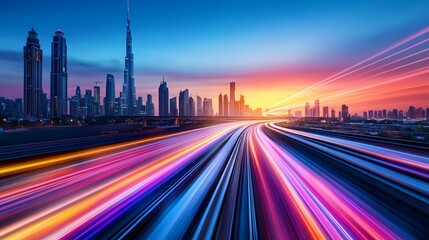 Fototapeta premium A vibrant cityscape at twilight, showcasing skyscrapers and illuminated light trails, creating a dynamic urban atmosphere.