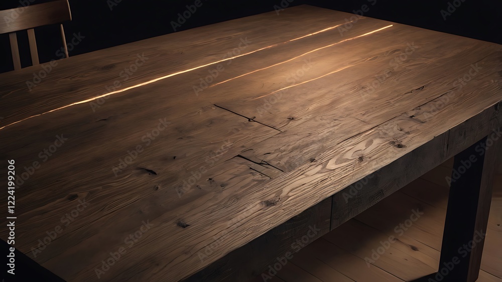 Poster rustic, wooden table surface with a circular layout composed of several wide, uneven planks, each sh