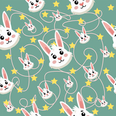 Obraz premium Seamless Cute Bunny Pattern on Mint Background with Stars