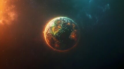 Naklejka premium Glowing Earth with abstract network connections, symbolizing global connectivity and unity in a vast universe