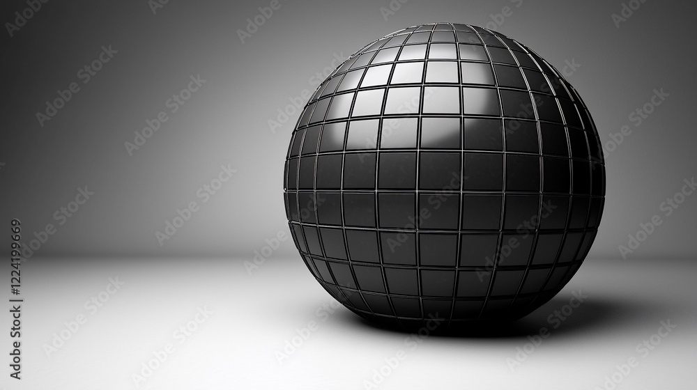 Poster Black sphere with square grid pattern on a white surface.