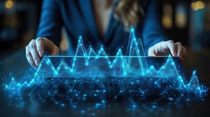 Woman analyzing data on tablet, office background