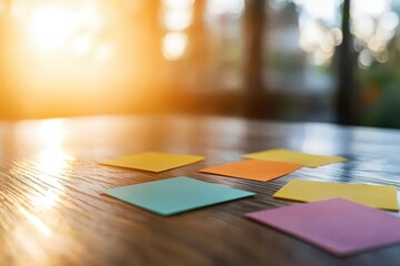 Fototapeta premium Colorful sticky notes scattered on a wooden surface, softly illuminated by warm sunlight, creating a cozy and inviting atmosphere.