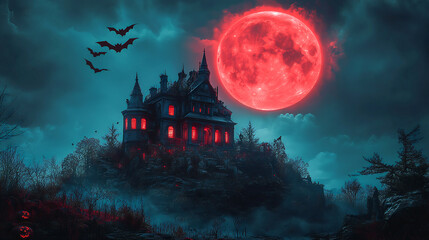 Obraz premium Haunted house is standing on a hill with bats flying under the red moon on Halloween night