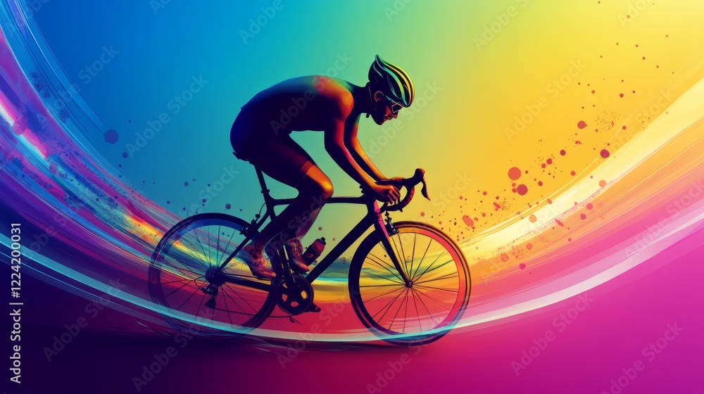Poster vibrant cyclist in motion against a colorful abstract background capturing speed and energy