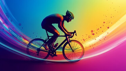 Vibrant Cyclist in Motion Against a Colorful Abstract Background Capturing Speed and Energy
