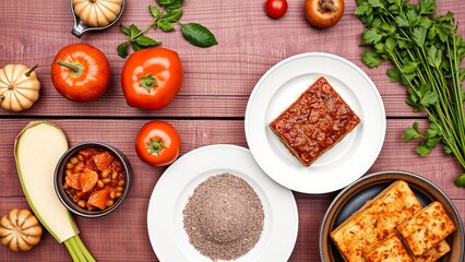 Flatlay of Vegan Food with Tofu, Beans, and Grains on Rustic Wooden Table