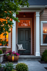Naklejka premium Charming Home Exterior at Dusk: Inviting Porch and Landscape Design