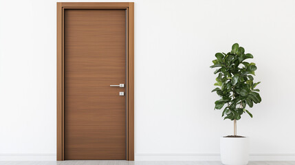 Minimalist Interior with Wooden Door: A single wooden door with a sleek handle stands against a minimalist backdrop, complemented by a potted plant.