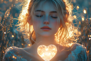 Woman in Sunset Glow Holding a Shining Heart