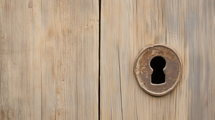 Fototapeta premium Rusty Keyhole on Weathered Wood: A close-up shot reveals a rusty keyhole set into a weathered, light brown wooden surface, hinting at age, secrets, and forgotten stories.