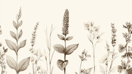 Vintage Botanical Illustrations of Various Herbs and Flowers