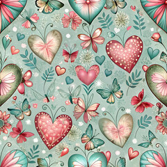 Vintage Hearts and Butterflies Seamless Pattern. Romantic Floral Design
