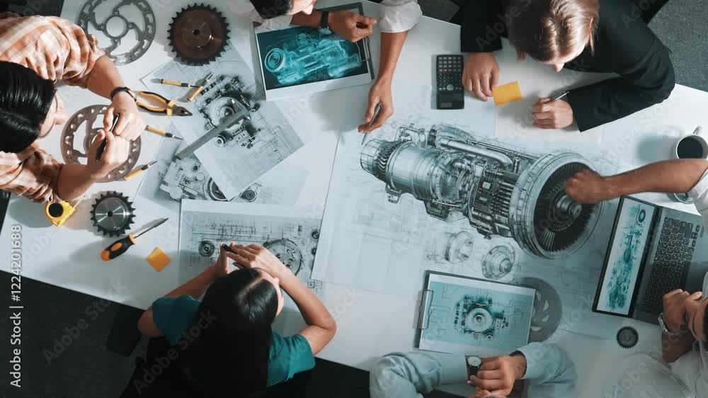 Poster top down aerial view of smart engineer team working together to design turbine engine. professional 