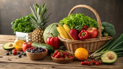 Basket of fresh fruits and vegetables on a rustic wooden table for healthy eating concept