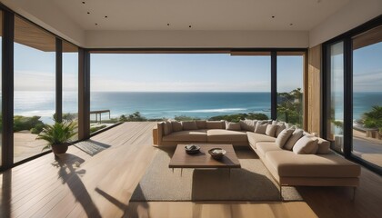 Fototapeta premium Modern oceanfront home with a sleek interior. Floor-to-ceiling windows showcase panoramic coastal views, blending luxurious living with natural beauty. Contemporary furniture complements the clean