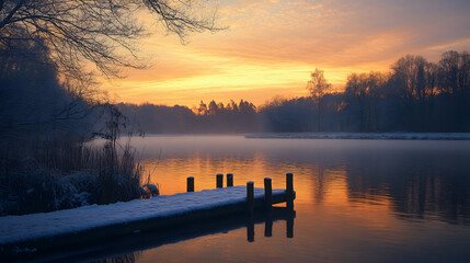 Serene Winter Sunrise by the Tranquil Lake with Snow Covered Pier and Trees : Generative AI