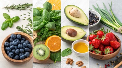 Collection of fresh fruits vegetables and nuts arranged on a wooden table for organic wellness