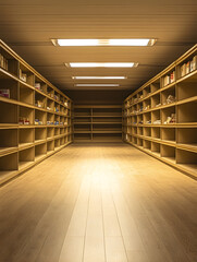 Modern Minimalist Library Aisle with Endless Wooden Shelves and Bright Lighting : Generative AI