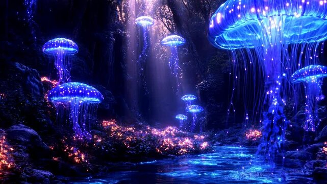 Glowing Jellyfish Forest Fantasy Scene 4K Wallpaper