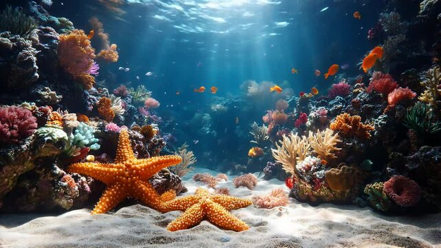 Vibrant Coral Reef Scene with Starfish and Fish