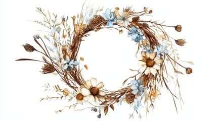 Fototapeta premium Elegant Floral Wreath with Dried Flowers and Soft Blue Accents