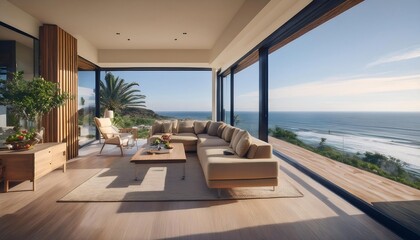 Fototapeta premium Modern oceanfront home with a sleek interior. Floor-to-ceiling windows showcase panoramic coastal views, blending luxurious living with natural beauty. Contemporary furniture complements the clean
