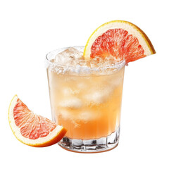 A frosty glass of grapefruit cocktail garnished with grapefruit slices and a salted rim.