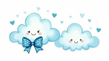 Two Cute Cartoon Clouds with a Blue Bow 