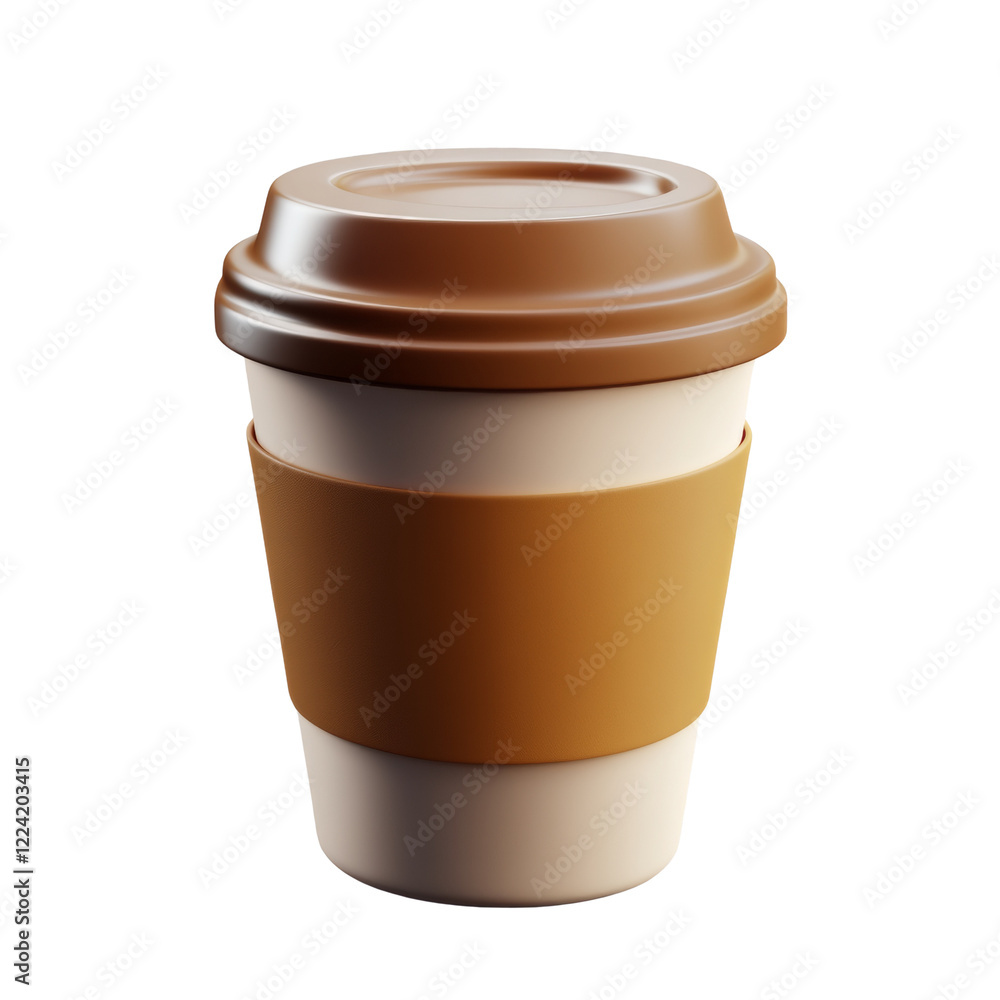 Poster a 3d render of a single brown topped paper coffee cup with a matching sleeve.