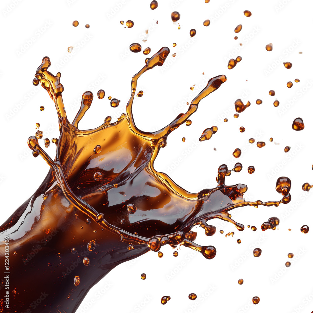 Poster a dynamic splash of dark brown liquid against a black background showcasing its texture and movement