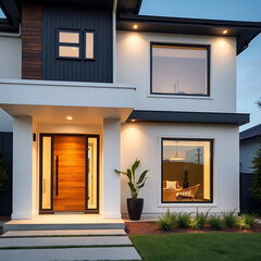 Modern Dream Home Exterior at Dusk: Luxurious Contemporary Architecture and Design