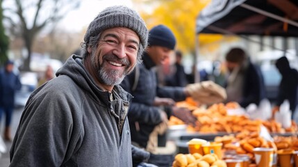 A homeless man with a warm smile receives a meal at a food distribution center, surrounded by volunteers and others in need, under a community tent, embodying kindness and support
