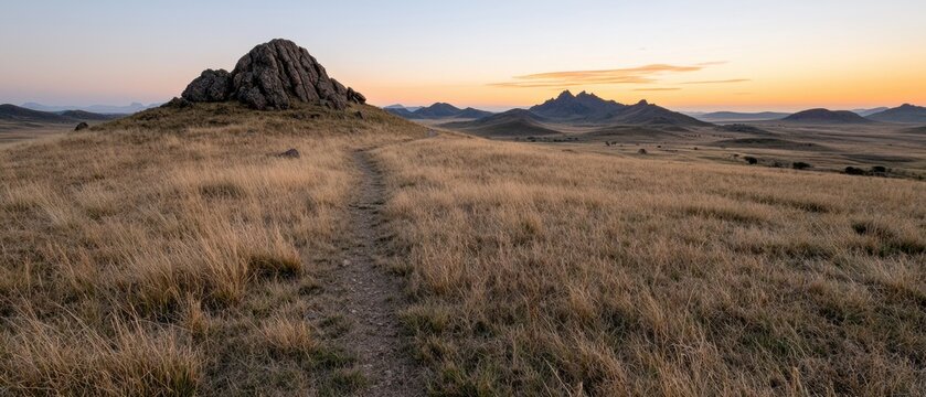A dirt path leads through a grassy field towards a rocky hill at sunset