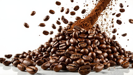 Obraz premium Falling Coffee Beans Isolated on White Background