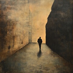Mysterious Silhouette Walking Through Narrow Alleyway at Sunset with Dramatic Shadows and Warm Tones